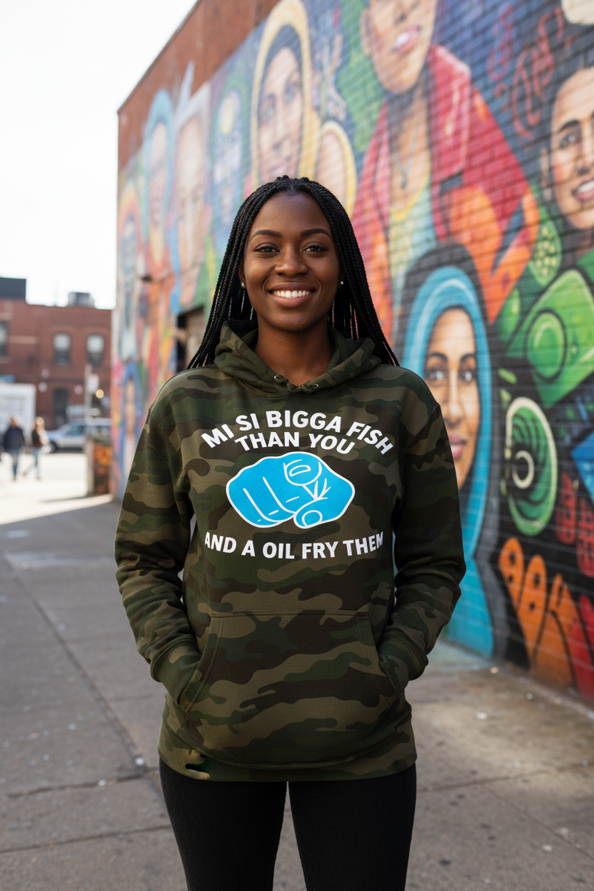 Green forest camo hoodie - Black female model, mural wall