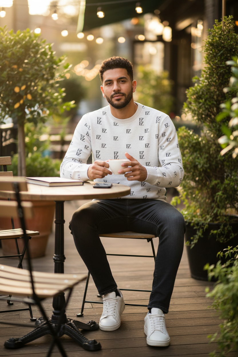 Hispanic male model wearing FZ monogram white sweater pullover, outdoor café setting
