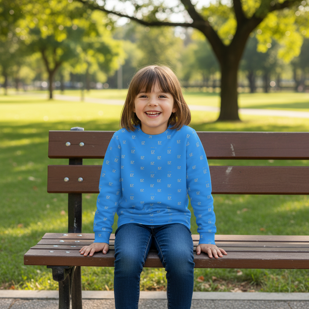 Girl wearing blue FZ monogram sweatshirt