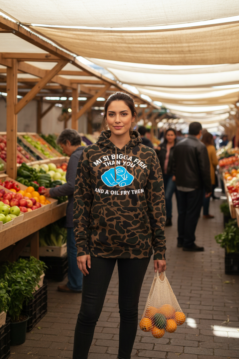Duck camo hoodie - Hispanic female model, farmers market
