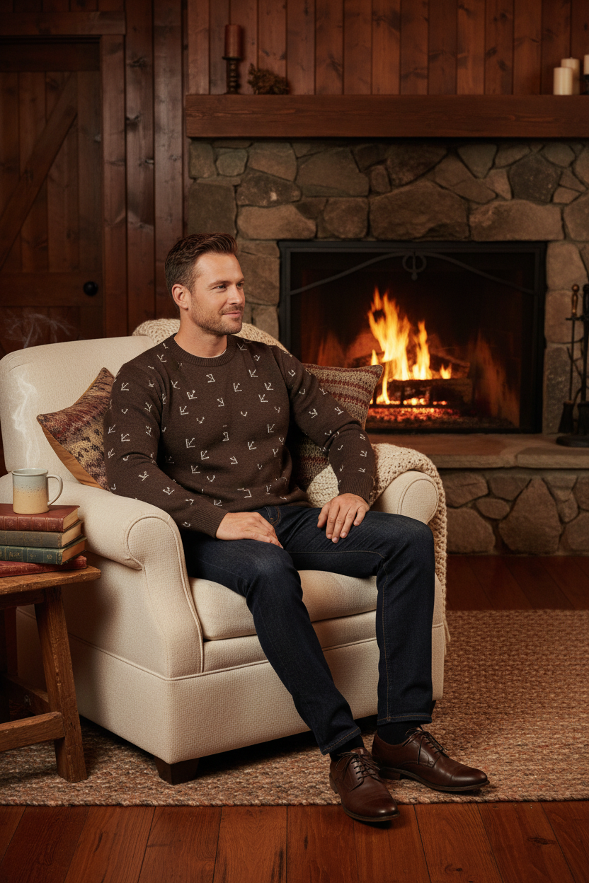 White male model wearing brown FZ sweater, cozy cabin interior