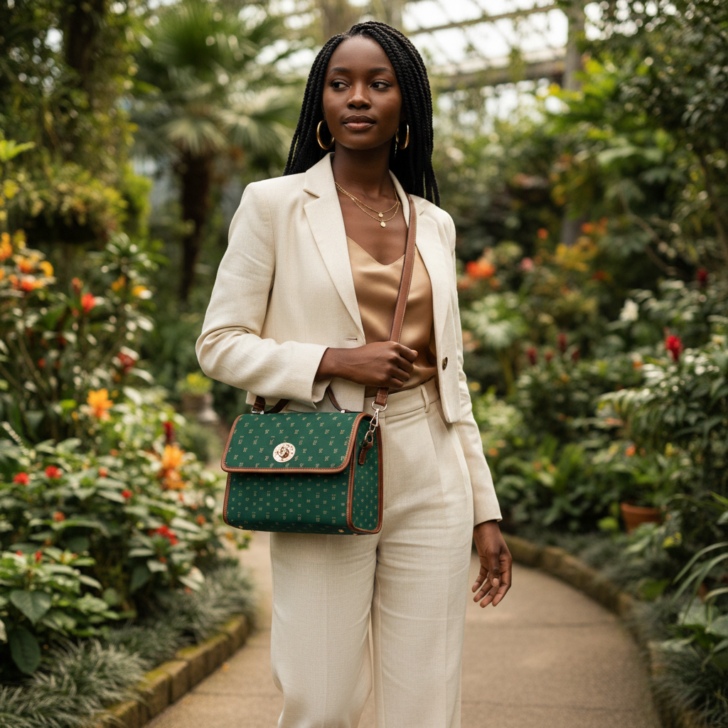 Black woman carrying forest green FZ monogram satchel in botanical garden