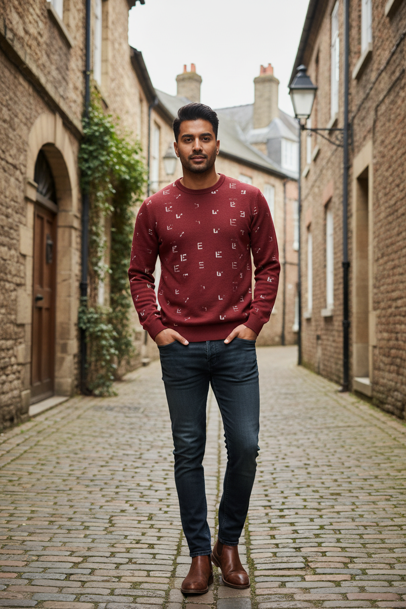 South Asian male model wearing burgundy FZ sweater, European cobblestone alley