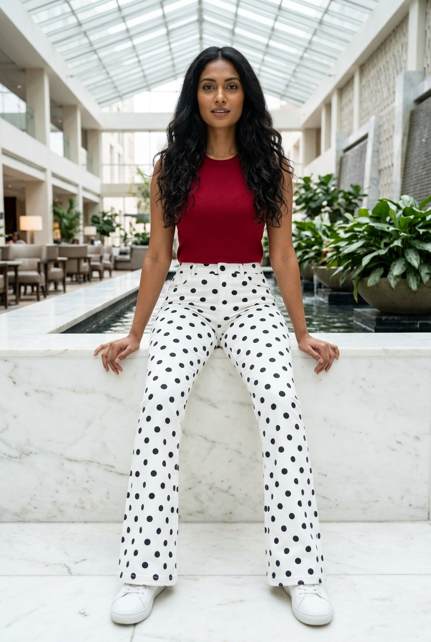 Indian model seated in a bright hotel atrium