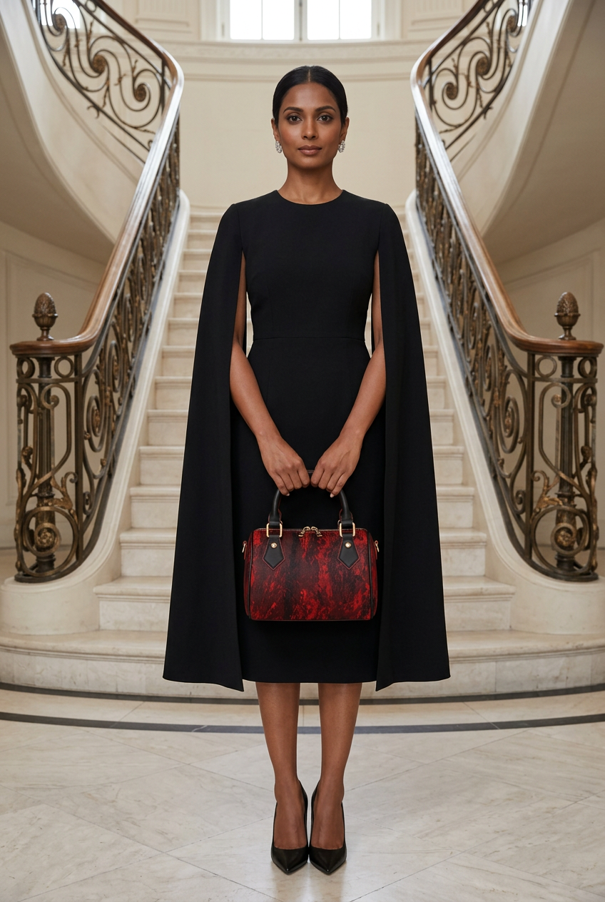 Indian woman in a black cape dress holding the handbag on a mansion staircase landing