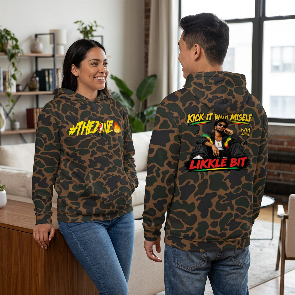 Indoor lounge hoodie lifestyle image with woman showing the front and man showing the back