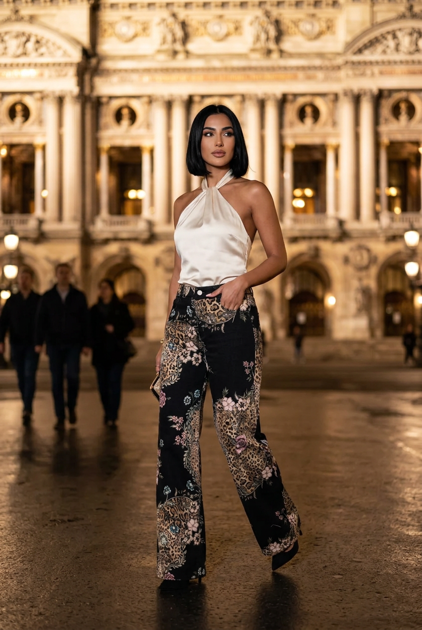 Ivory satin halter and black heels outside an opera house