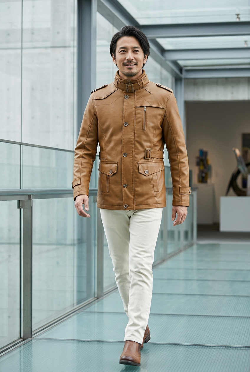 Japanese male model wearing the tan jacket on a museum glass bridge