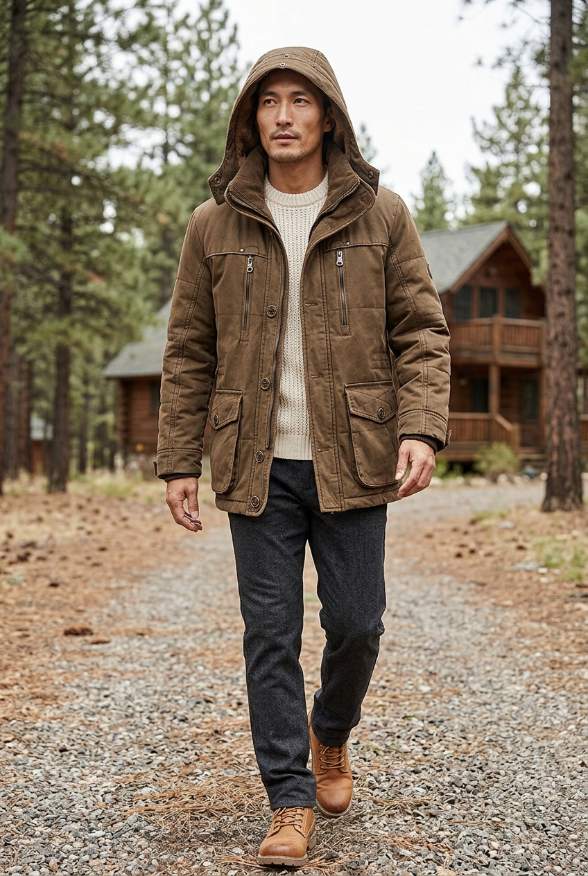 Japanese model walking along a forest lodge path with the hood up