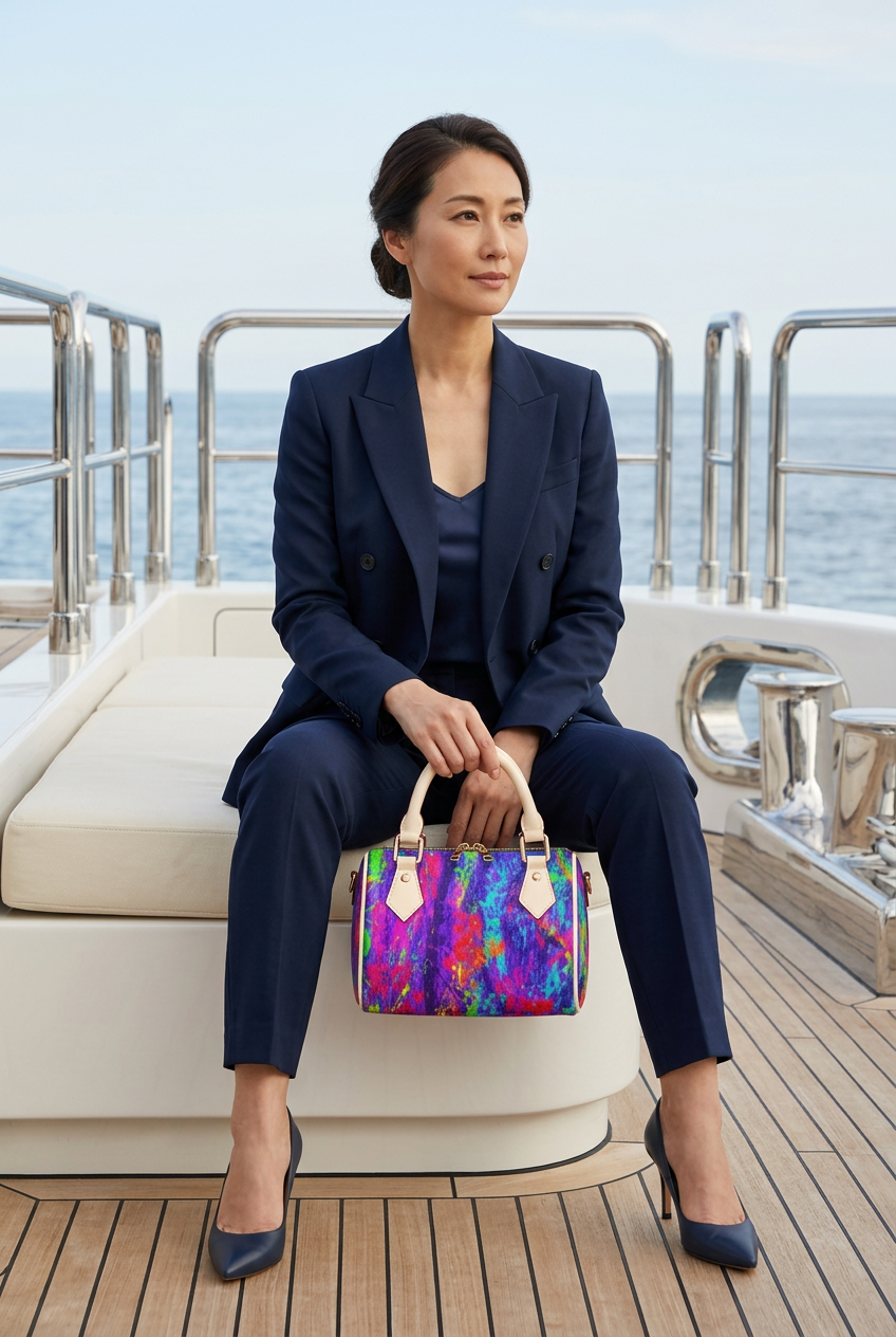 Japanese woman in a navy suit aboard a superyacht