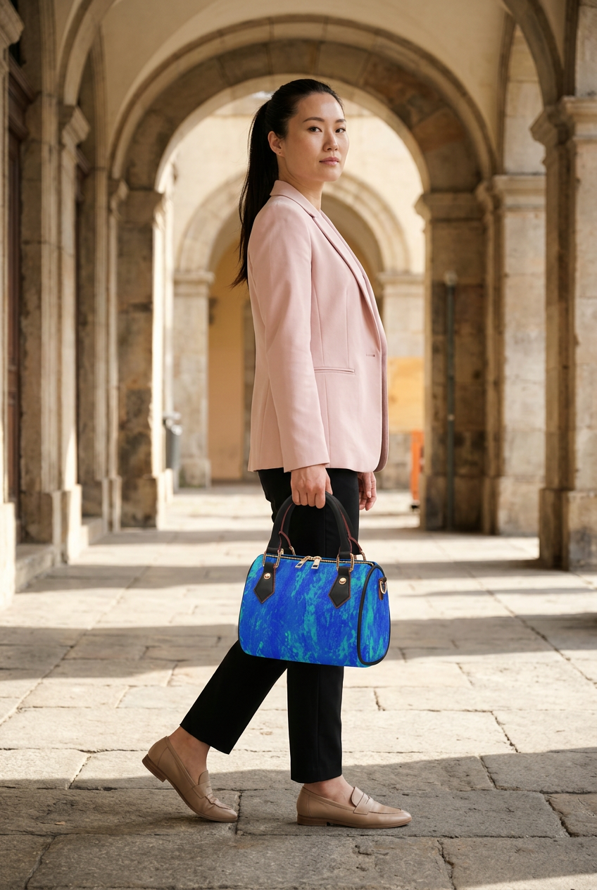 Korean woman carrying the black-trim bag through a historic arcade