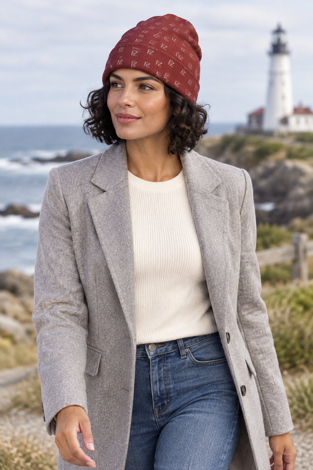 Latina female model walking beside a coastal lighthouse