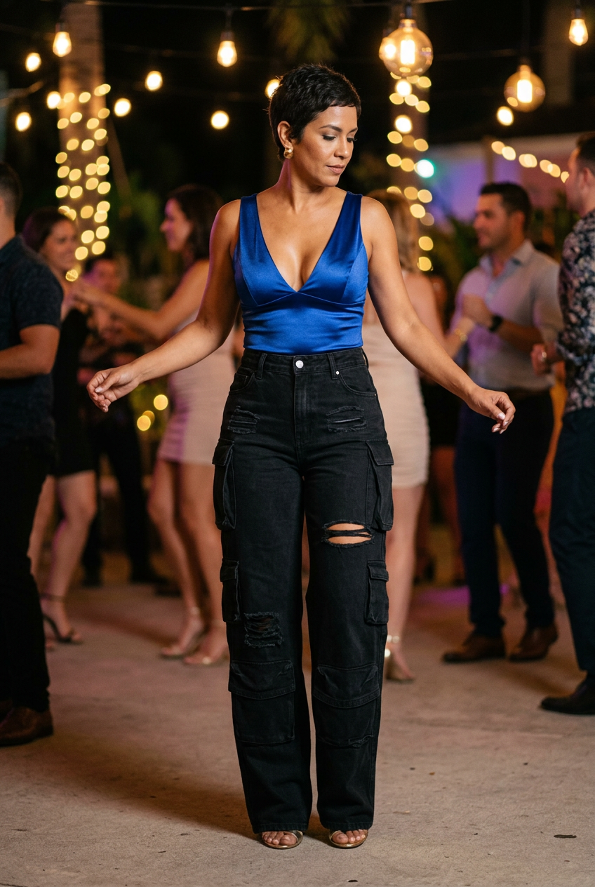 Latina model dancing at a salsa lounge in black cargo jeans and gold heels