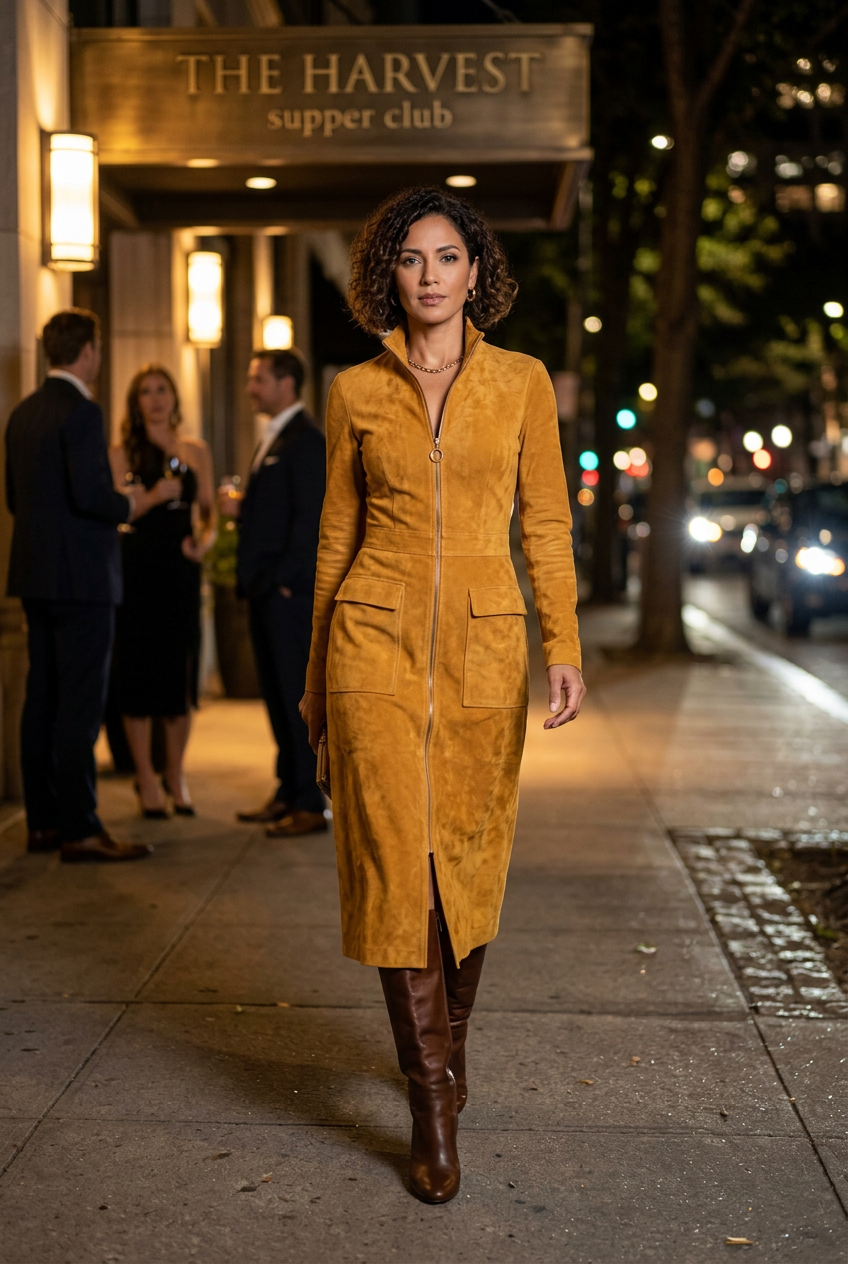 Latina model in the mustard suede dress with chocolate boots outside a supper club