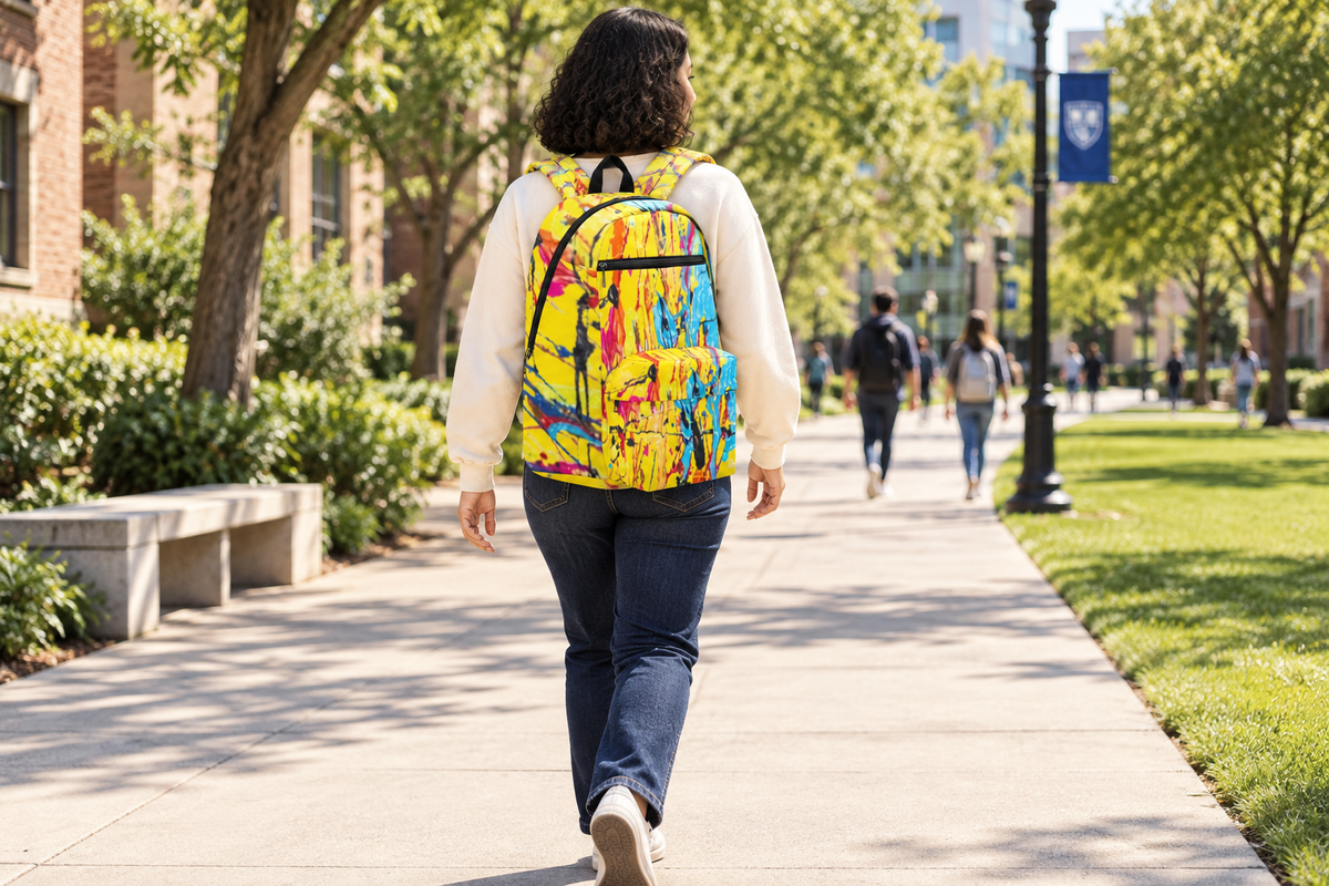 Latina model wearing the backpack on both shoulders on a campus