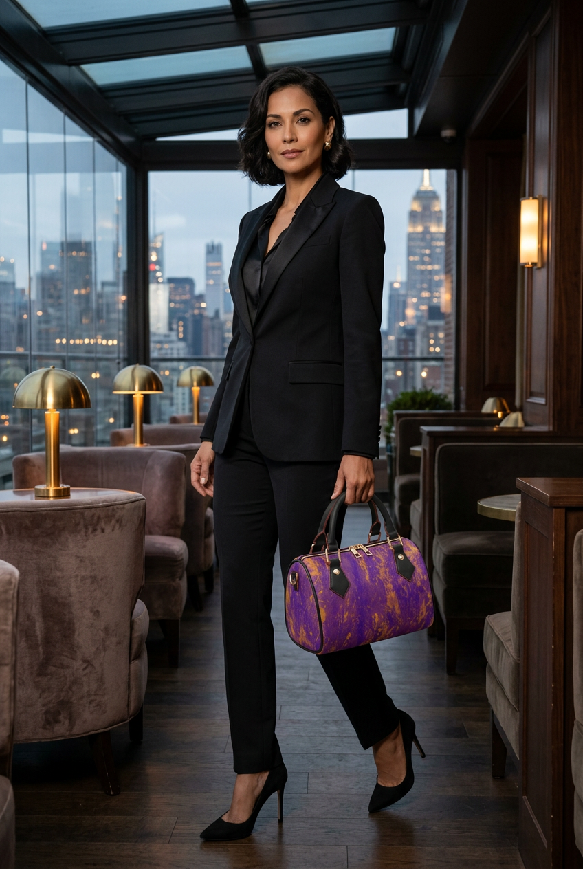 Latina woman in a tuxedo suit carrying the black-trim bag in a rooftop club