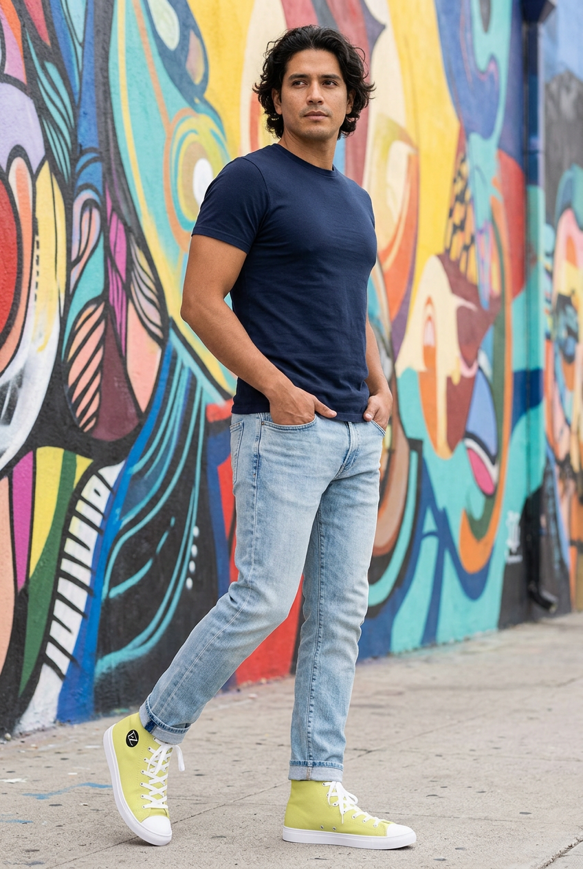 Latino male model posing beside a colorful mural