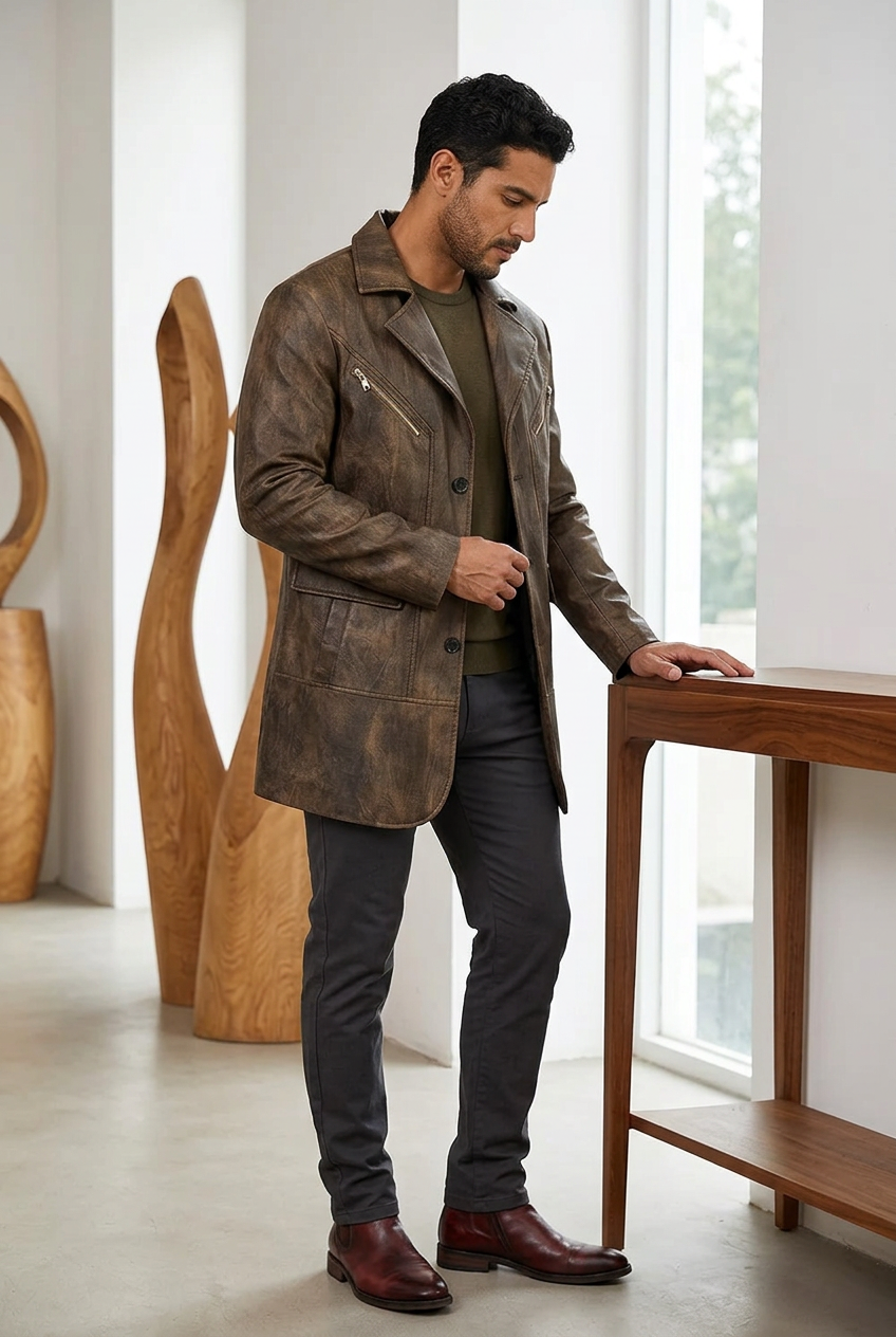 Latino male model wearing the distressed brown coat in a vintage furniture gallery