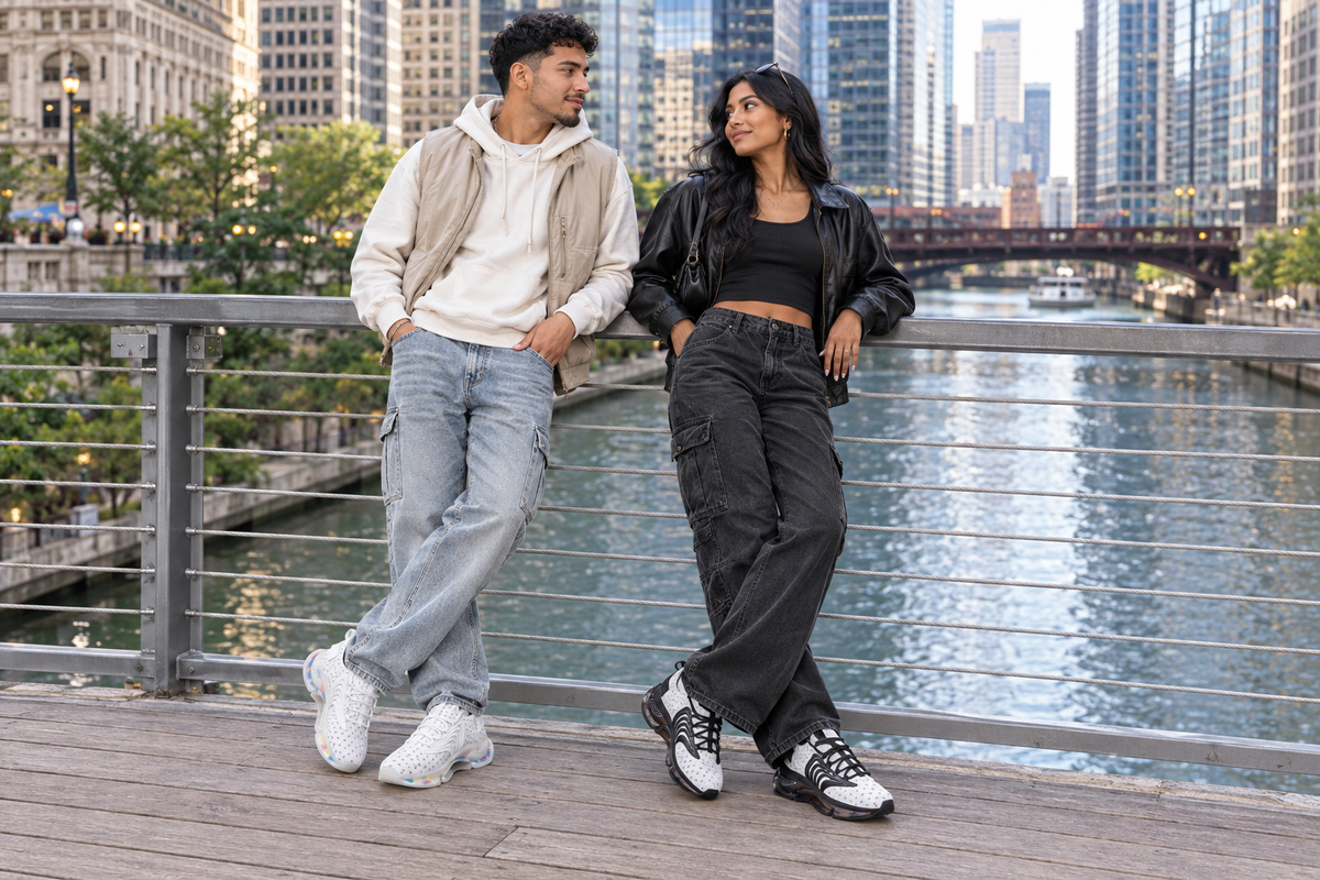 Latino man and South Asian woman on a pedestrian bridge in the white Z-logo sneakers