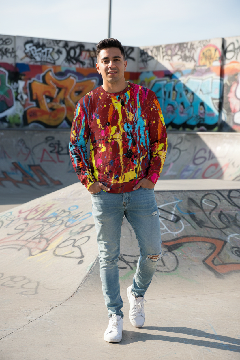Latino man in burgundy paint splatter sweatshirt, skate park setting