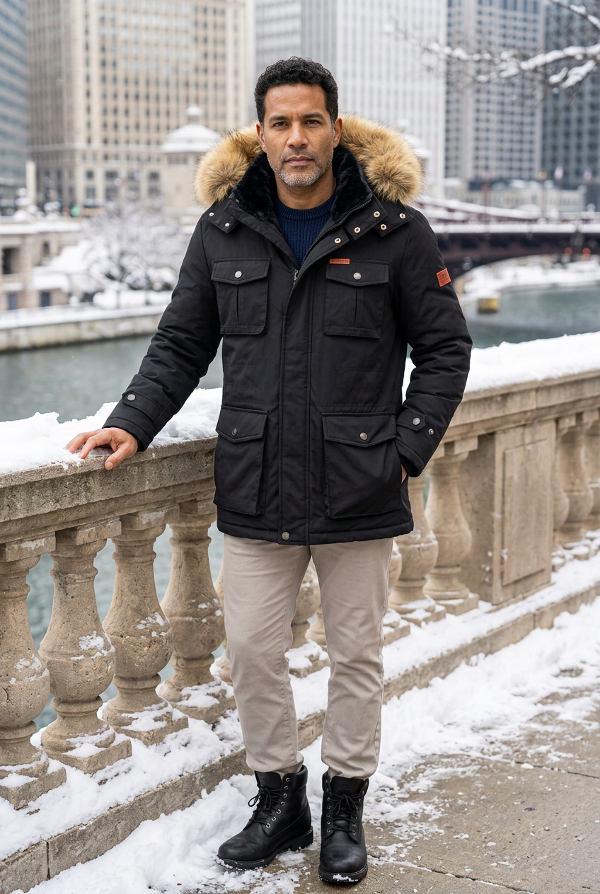 Latino model beside a snowy city riverside with the hood down