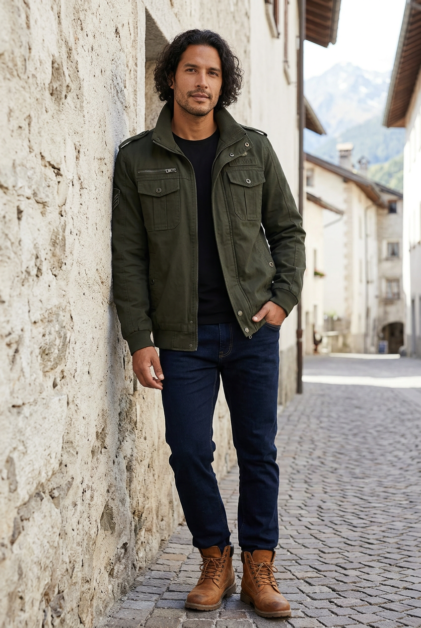 Latino model leaning against a stone wall in a mountain town