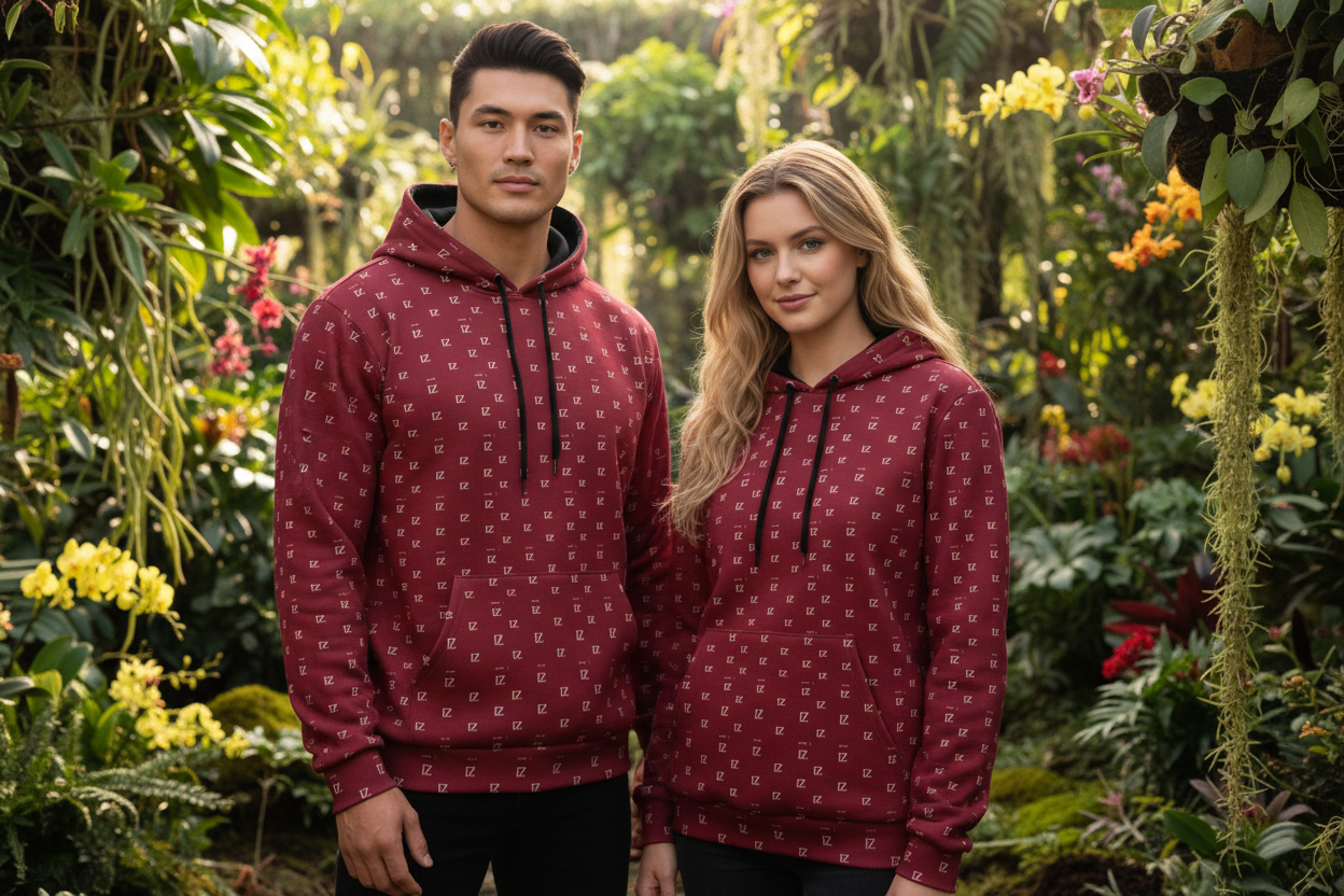 Male and female front - Burgundy FZ monogram hoodie