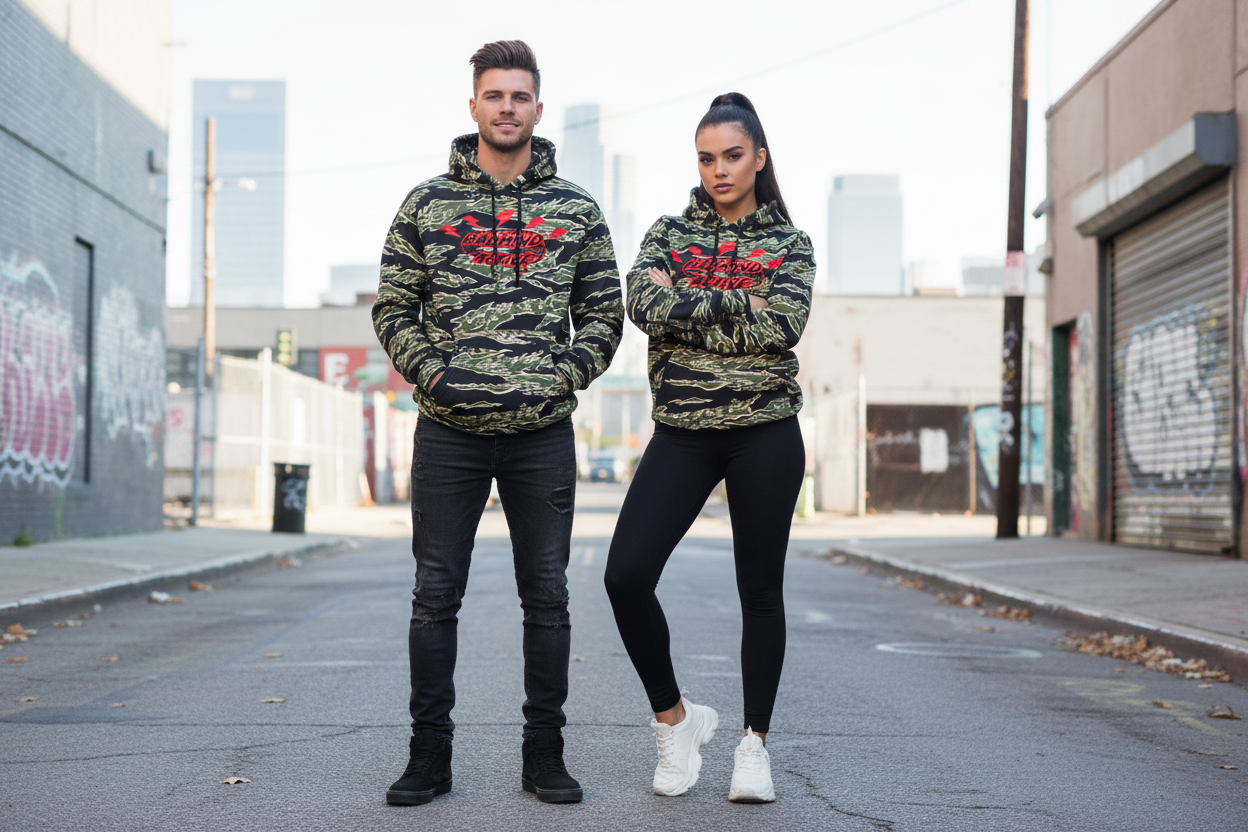 Male & Female Models - Badmind Active Tiger Stripe Camo Hoodie