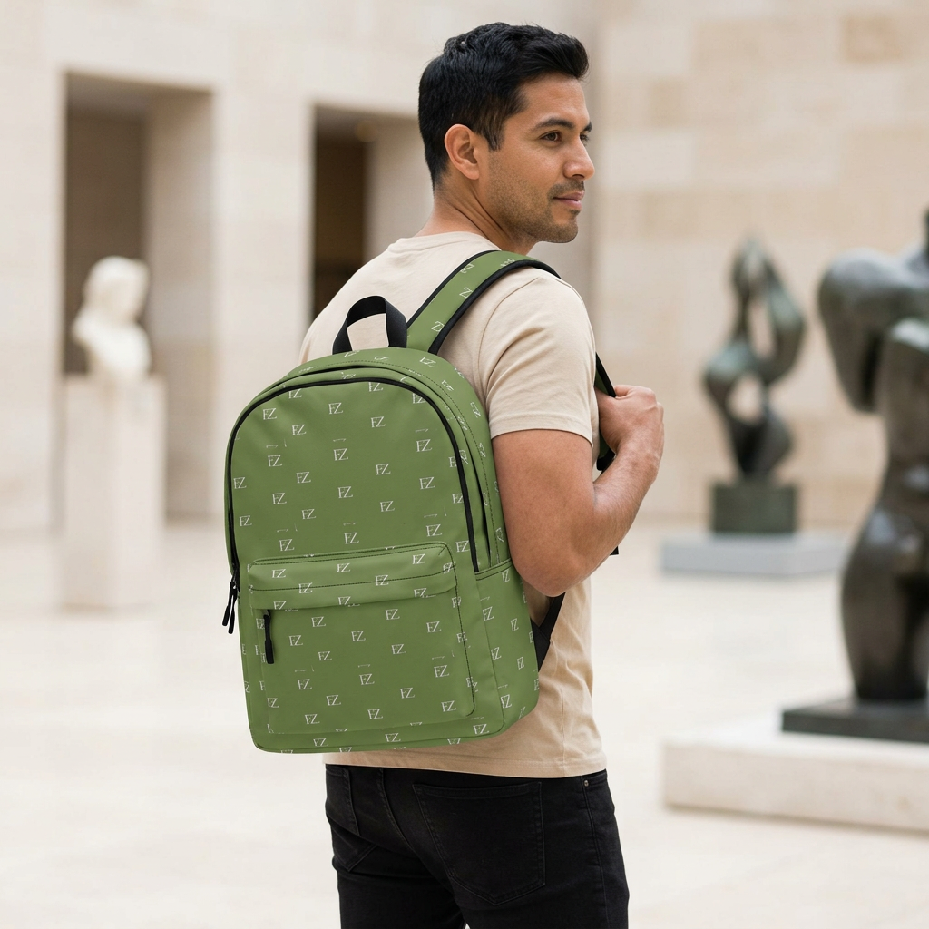 Male model carrying the olive-green backpack in a sculpture courtyard