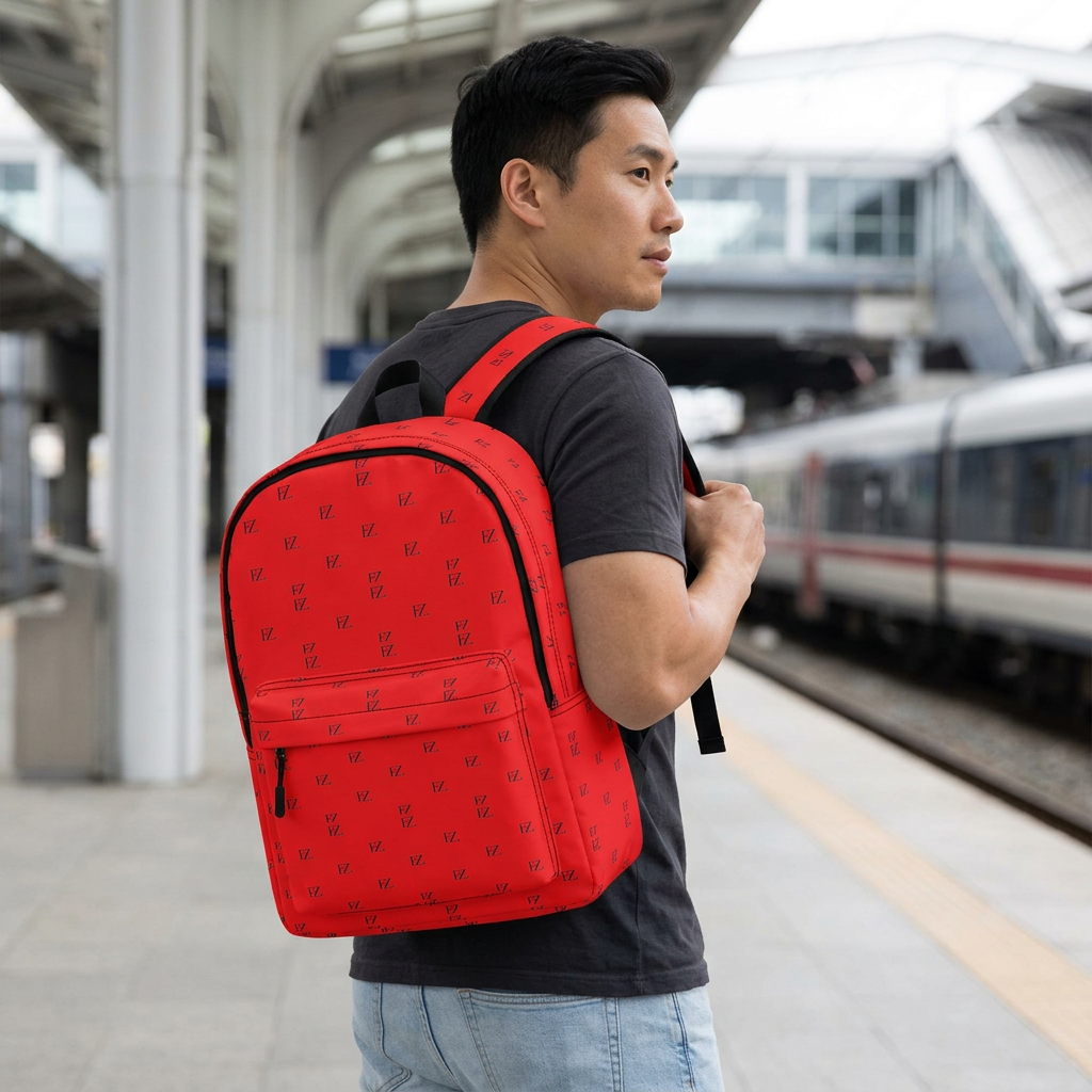 Male model carrying the red backpack at a train station