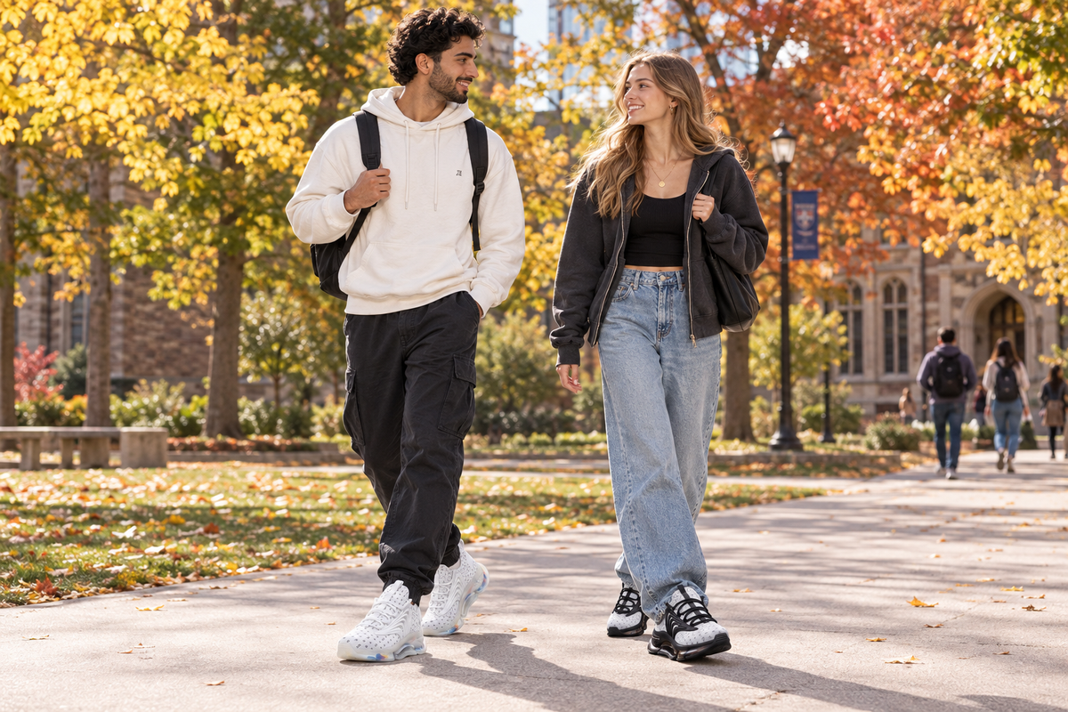 Middle Eastern man and white woman crossing an autumn college quad in the white Z-logo sneakers