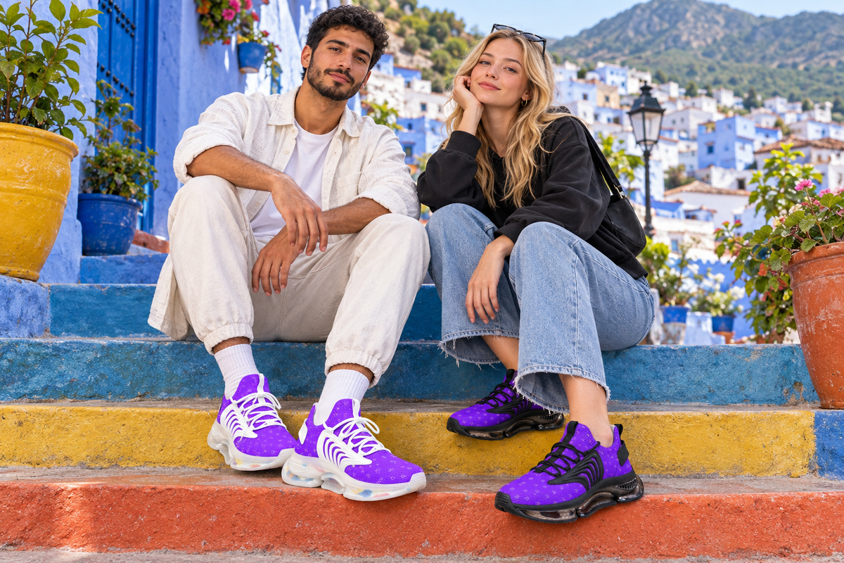 Middle Eastern man and white woman on colorful hillside stairs in the purple Z-logo sneakers