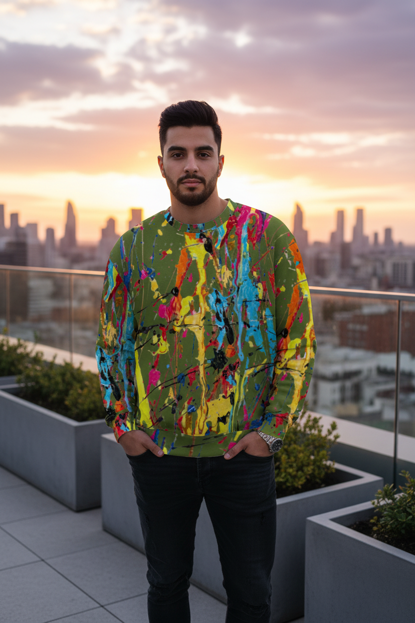 Middle Eastern man in olive green paint splatter sweatshirt, rooftop setting