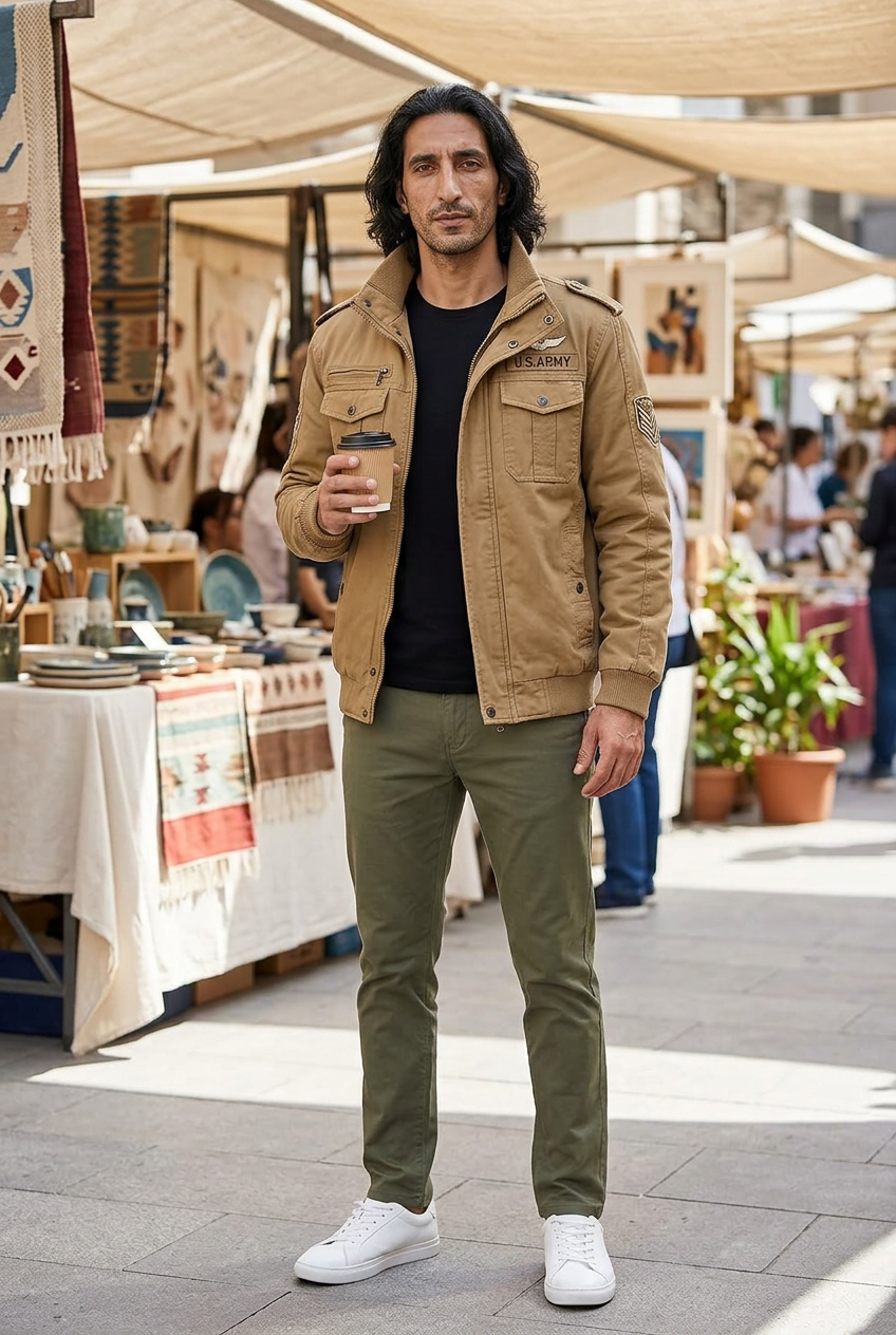 Middle Eastern model holding coffee at an open-air design market