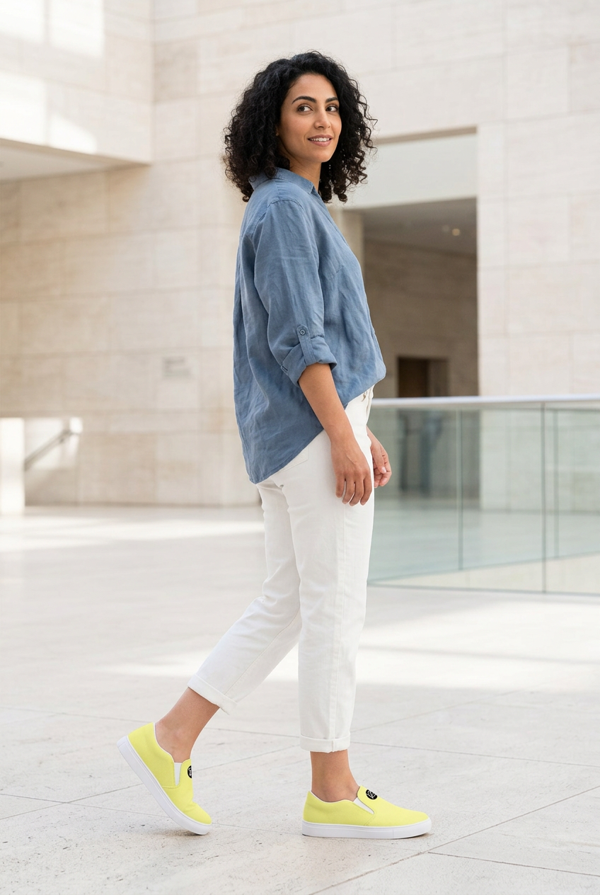 Middle Eastern model walking through a museum plaza