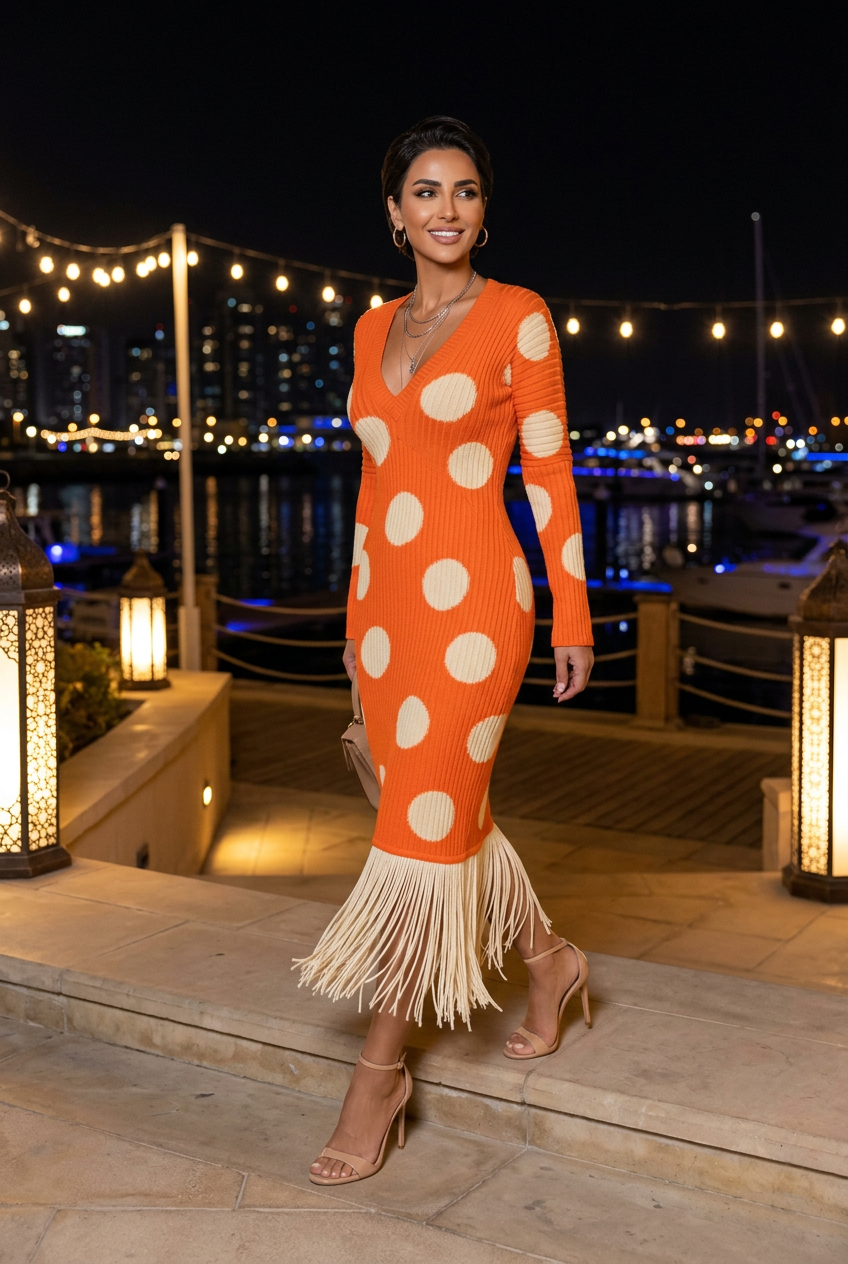 Middle Eastern model wearing the dress with nude heels at a marina restaurant