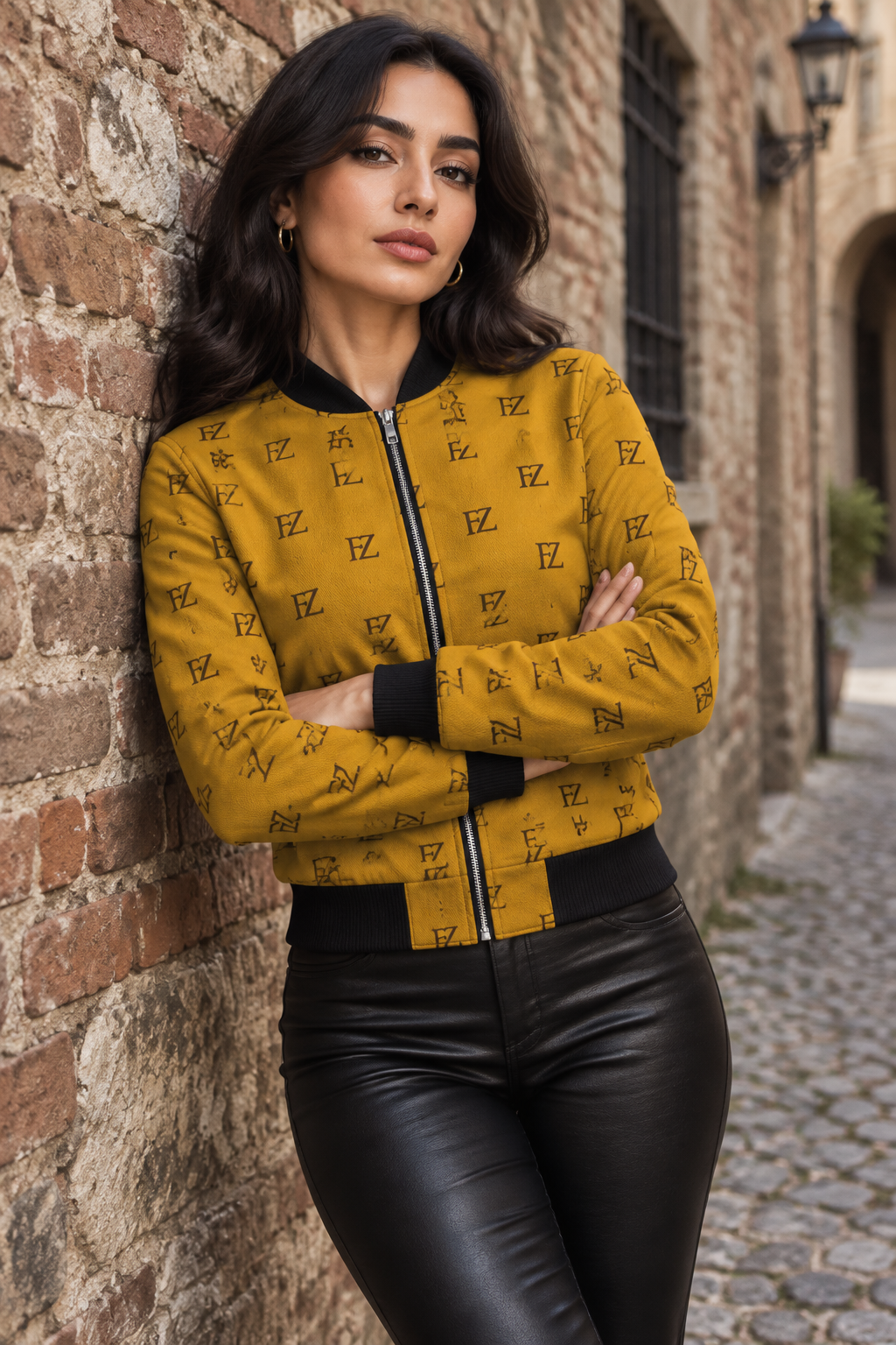 Middle Eastern woman in the women's mustard FZ bomber in a cobblestone alley