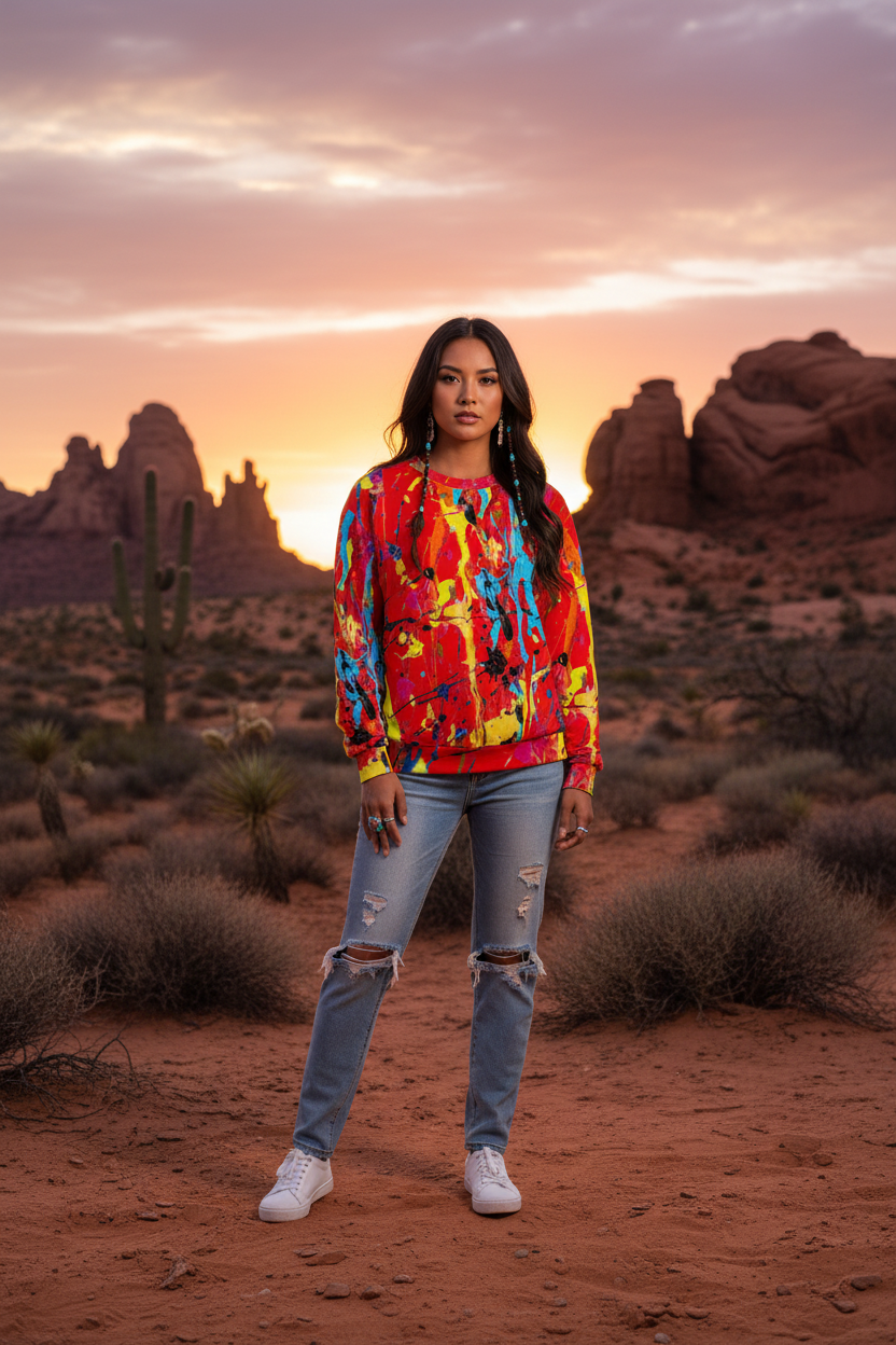 Native American woman in red paint splatter sweatshirt, desert setting