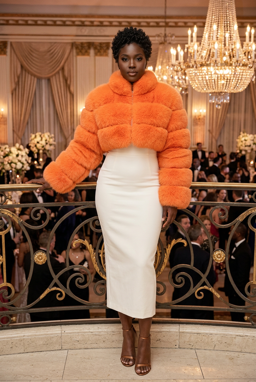Orange cropped fur coat at a ballroom reception