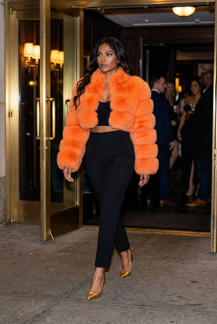 Orange cropped fur coat outside a jazz supper club