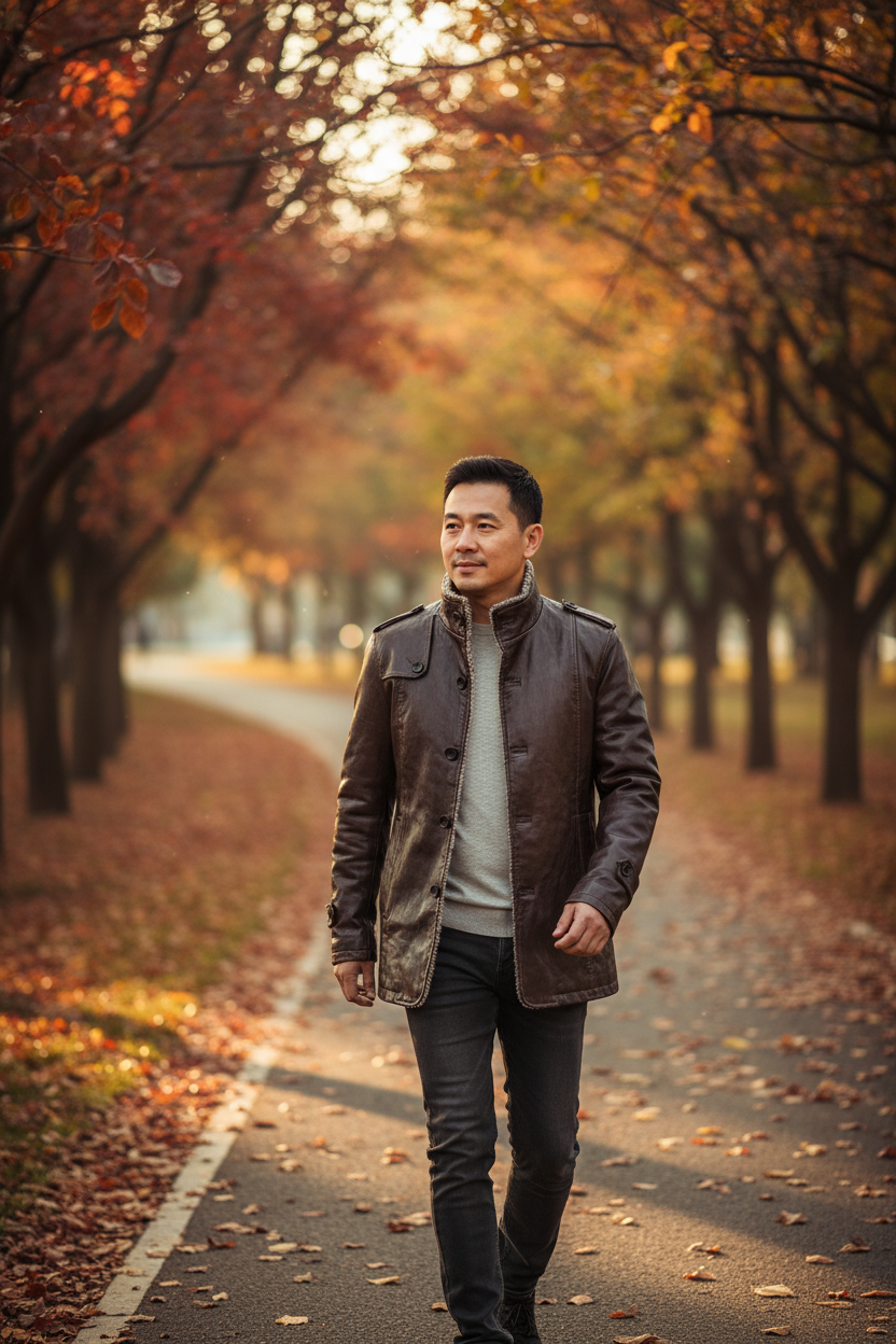 Park path, jacket unbuttoned