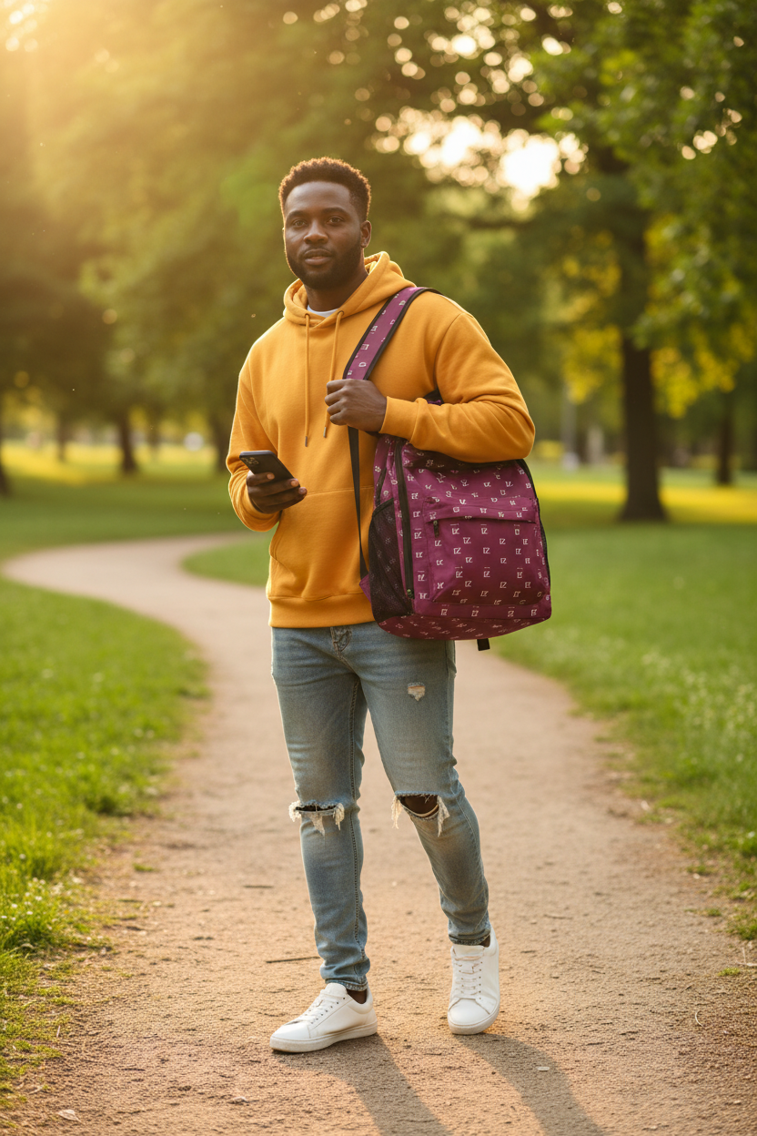 Park trail, backpack on one shoulder