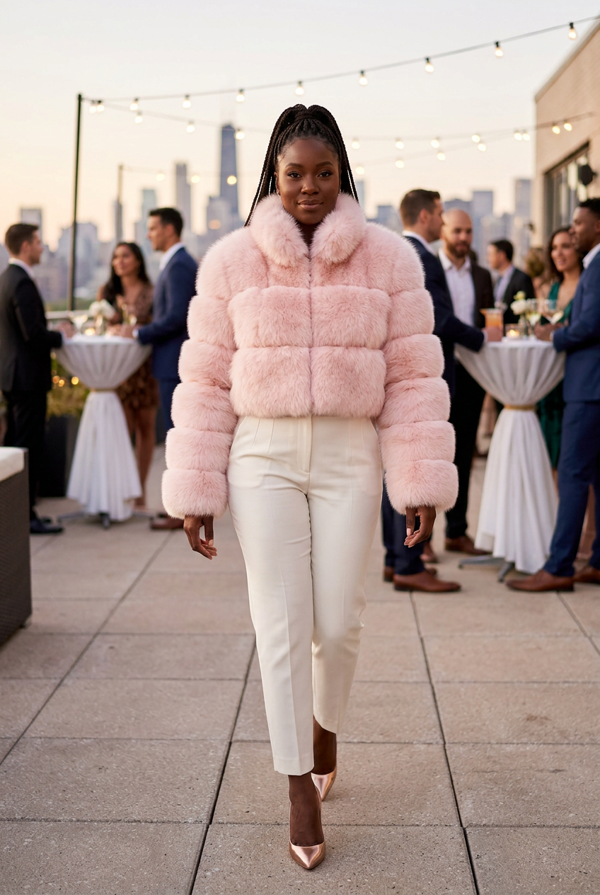 Pink cropped fur coat at a rooftop party