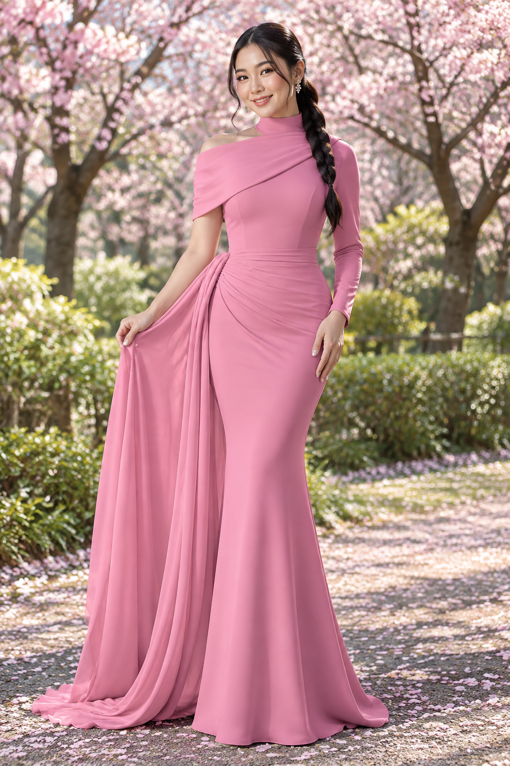 Pink gown in a cherry blossom park