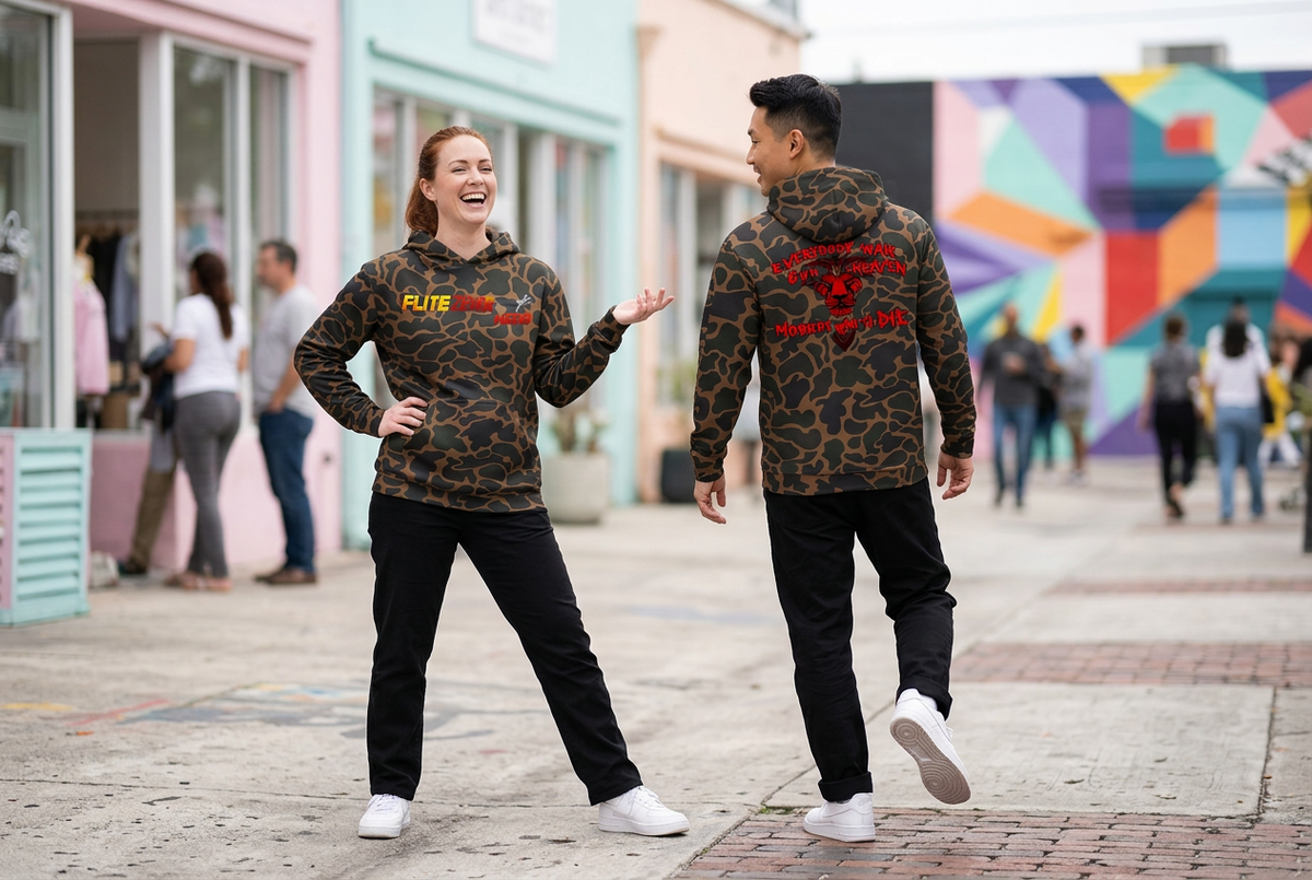 Playful arts-district shot with a woman showing the brown-camo hoodie front and a man showing the back