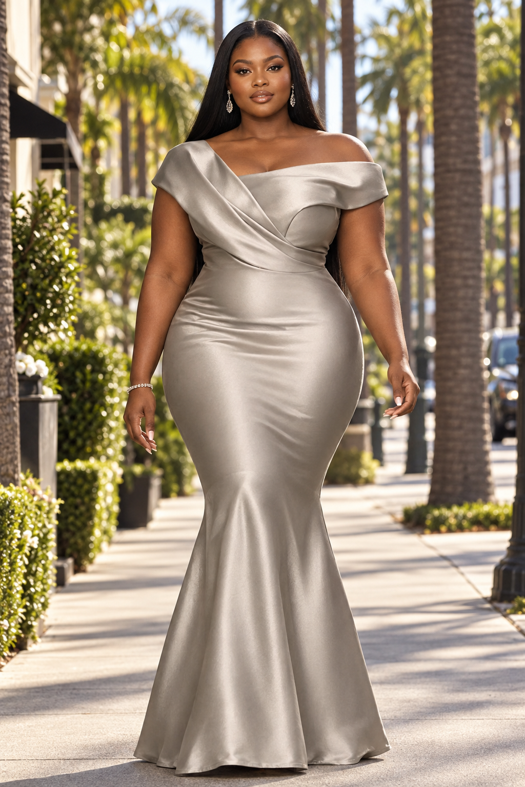 Plus-size Black model walking down a palm-lined boulevard in the champagne satin gown