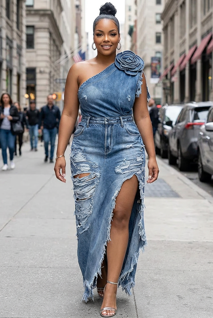 Plus-size Black woman walking along a city avenue