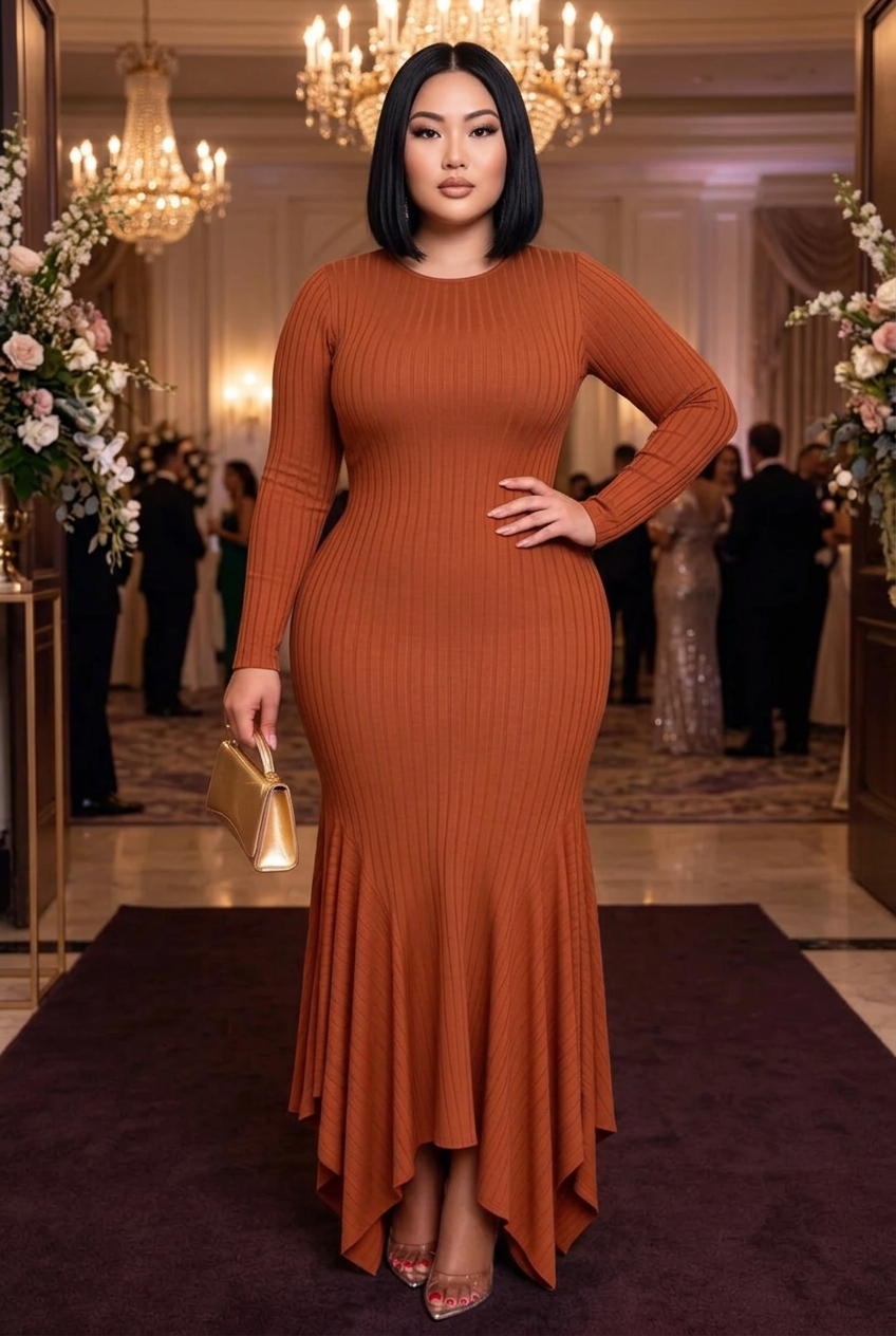 Plus-size East Asian model at a formal gala