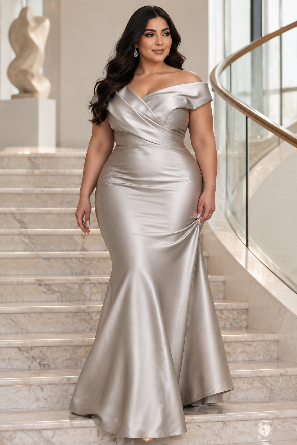 Plus-size Middle Eastern model descending a marble staircase in the champagne satin gown