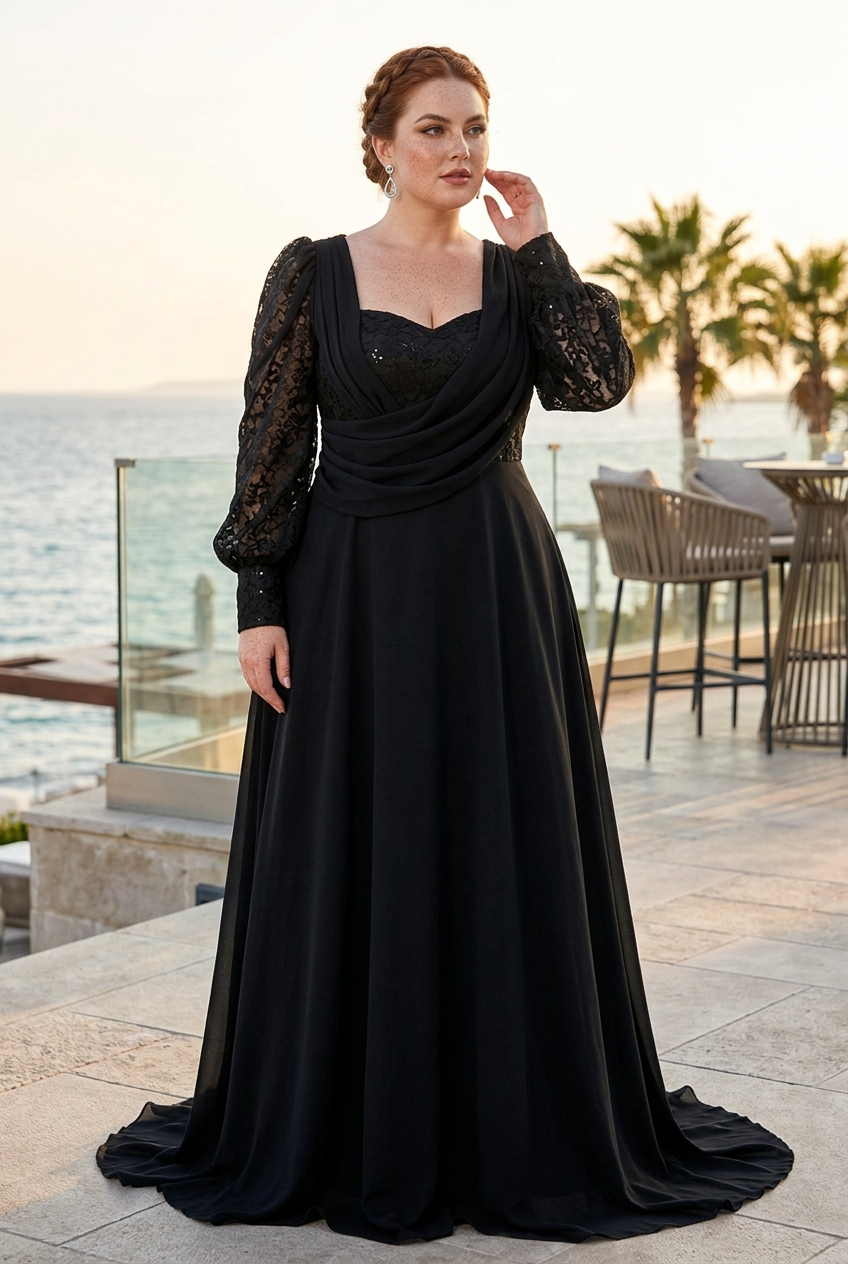 Plus-size white model posing on a seaside terrace at sunset